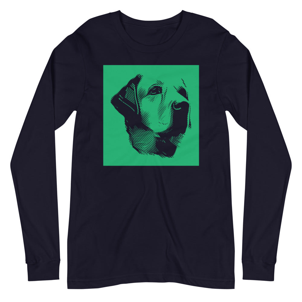 Labrador face halftone with green background square on unisex navy long sleeve t-shirt
