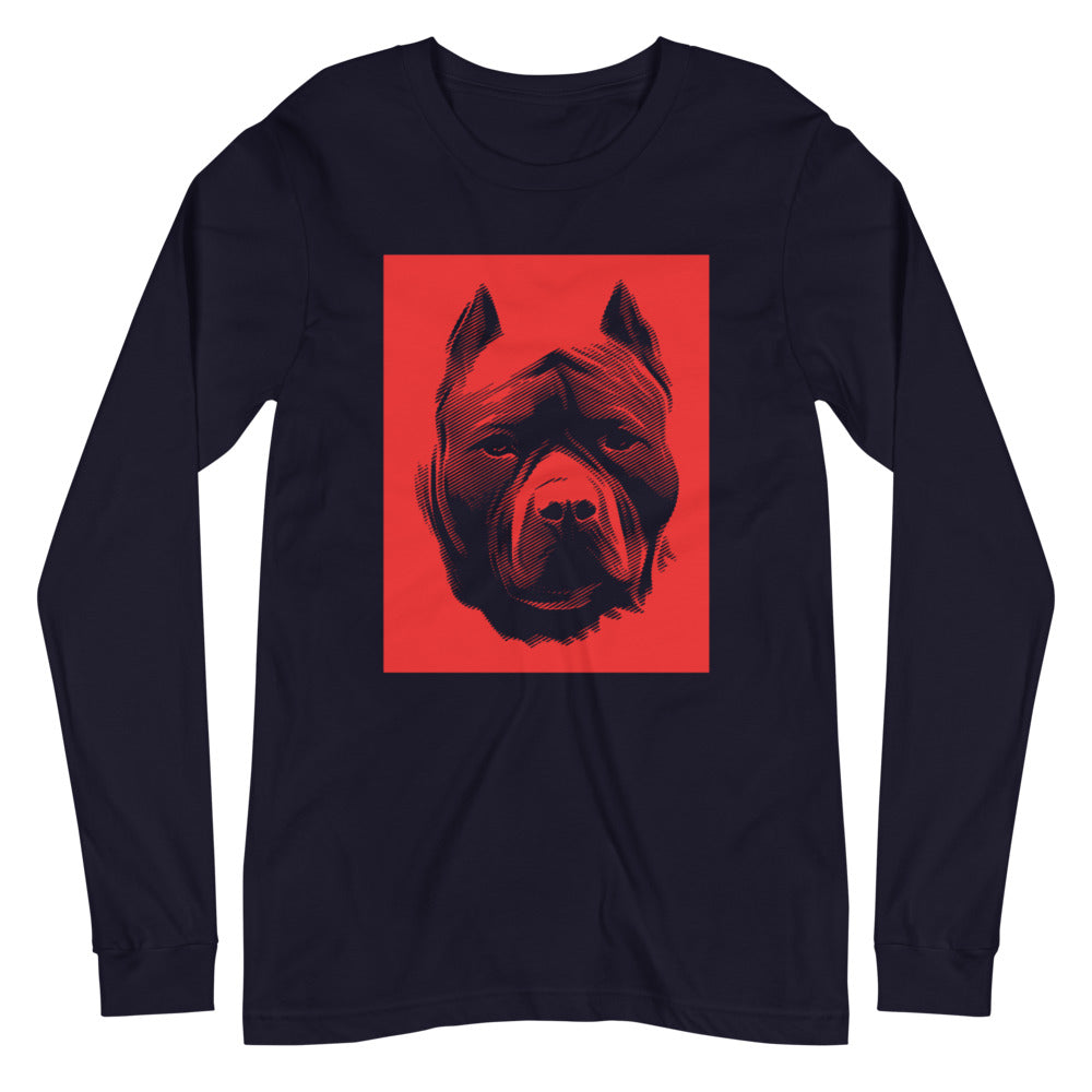 Pit Bull face halftone with red background square on unisex navy long sleeve t-shirt