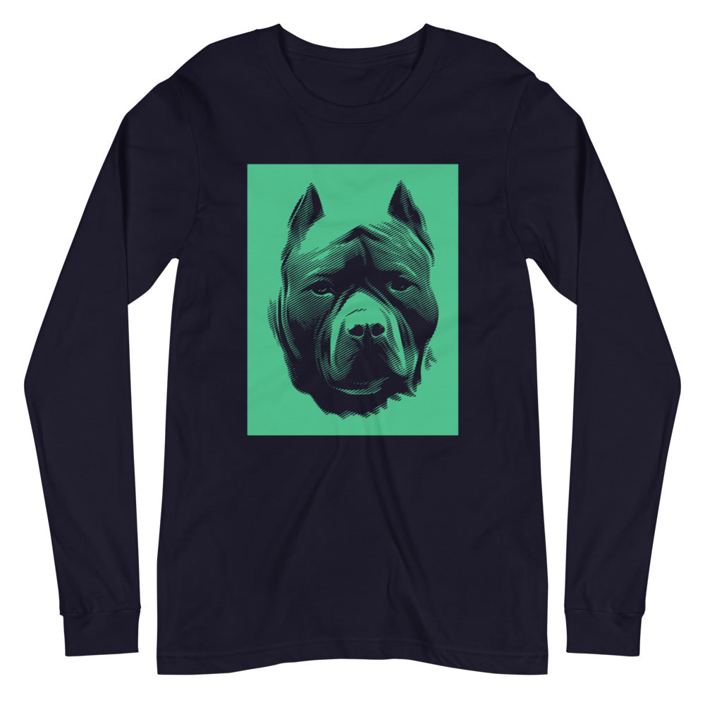Pit Bull face halftone with green background square on unisex navy long sleeve t-shirt