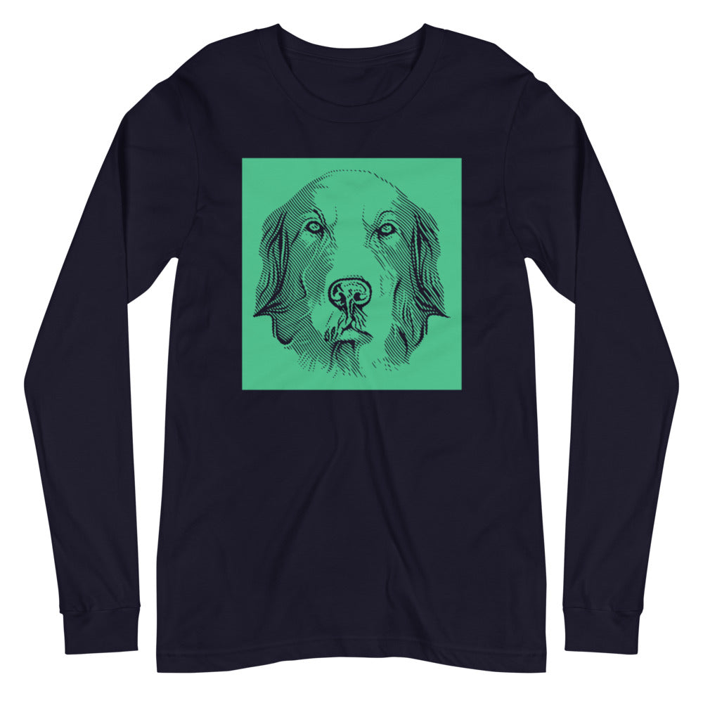 Golden Retriever face halftone with green background square on unisex navy long sleeve t-shirt