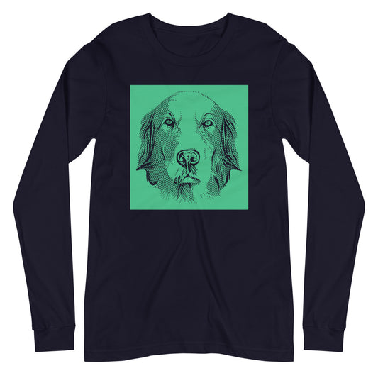 Golden Retriever face halftone with green background square on unisex navy long sleeve t-shirt
