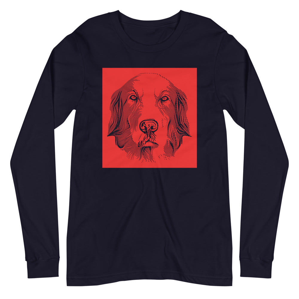 Golden Retriever face halftone with red background square on unisex navy long sleeve t-shirt