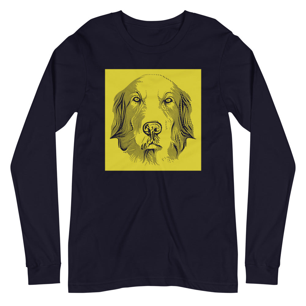 Golden Retriever face halftone with yellow background square on unisex navy long sleeve t-shirt