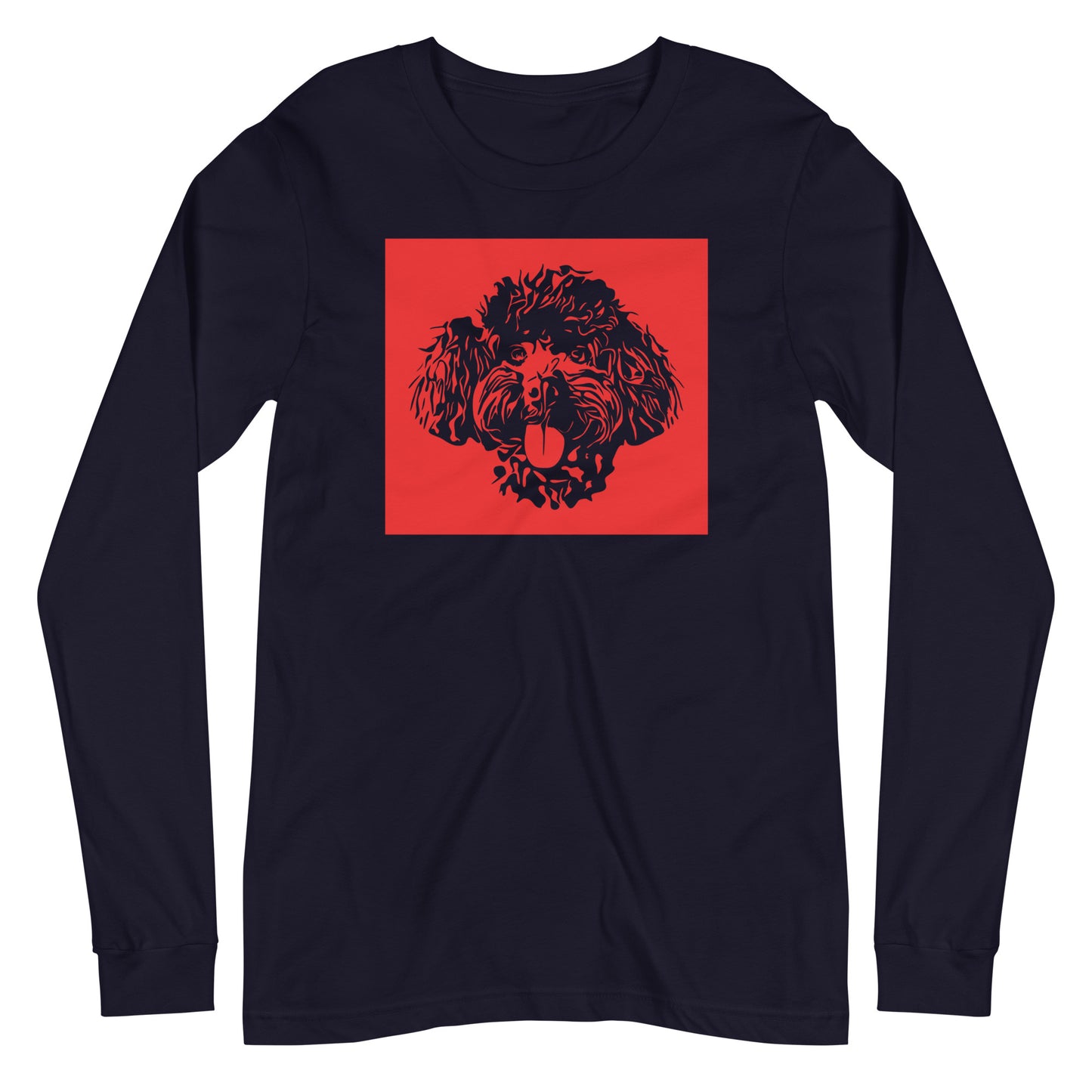 Toy Poodle face silhouette with red background square on unisex navy long sleeve t-shirt