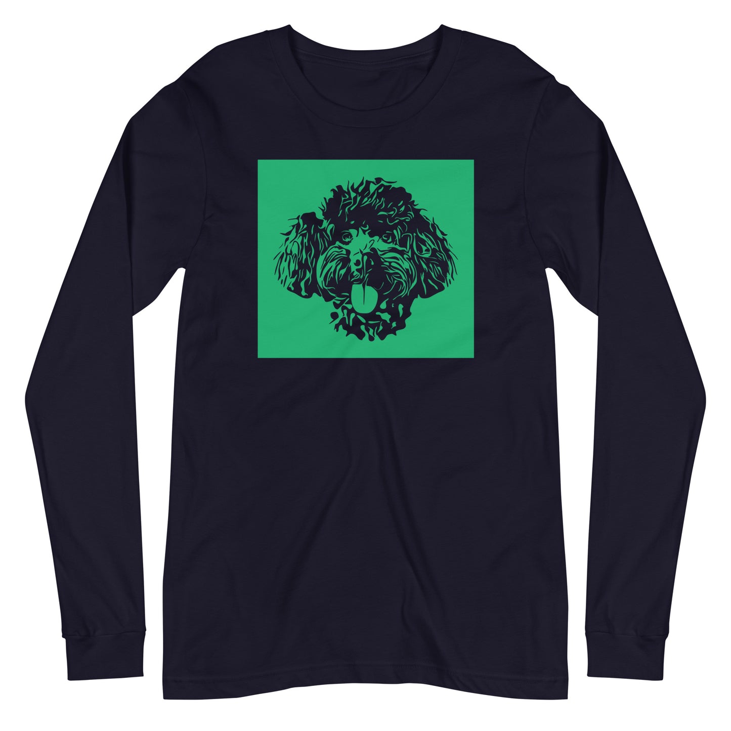 Toy Poodle face Silhouette with green background square on unisex navy long sleeve t-shirt