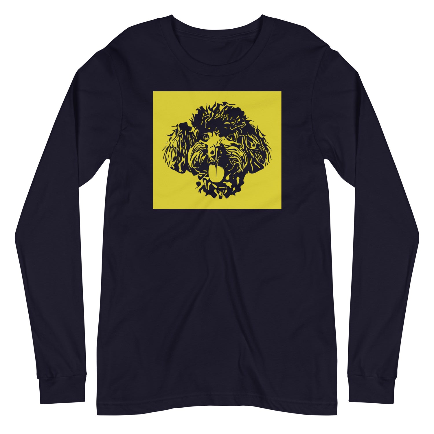 Toy Poodle face silhouette with yellow background square on unisex navy long sleeve t-shirt