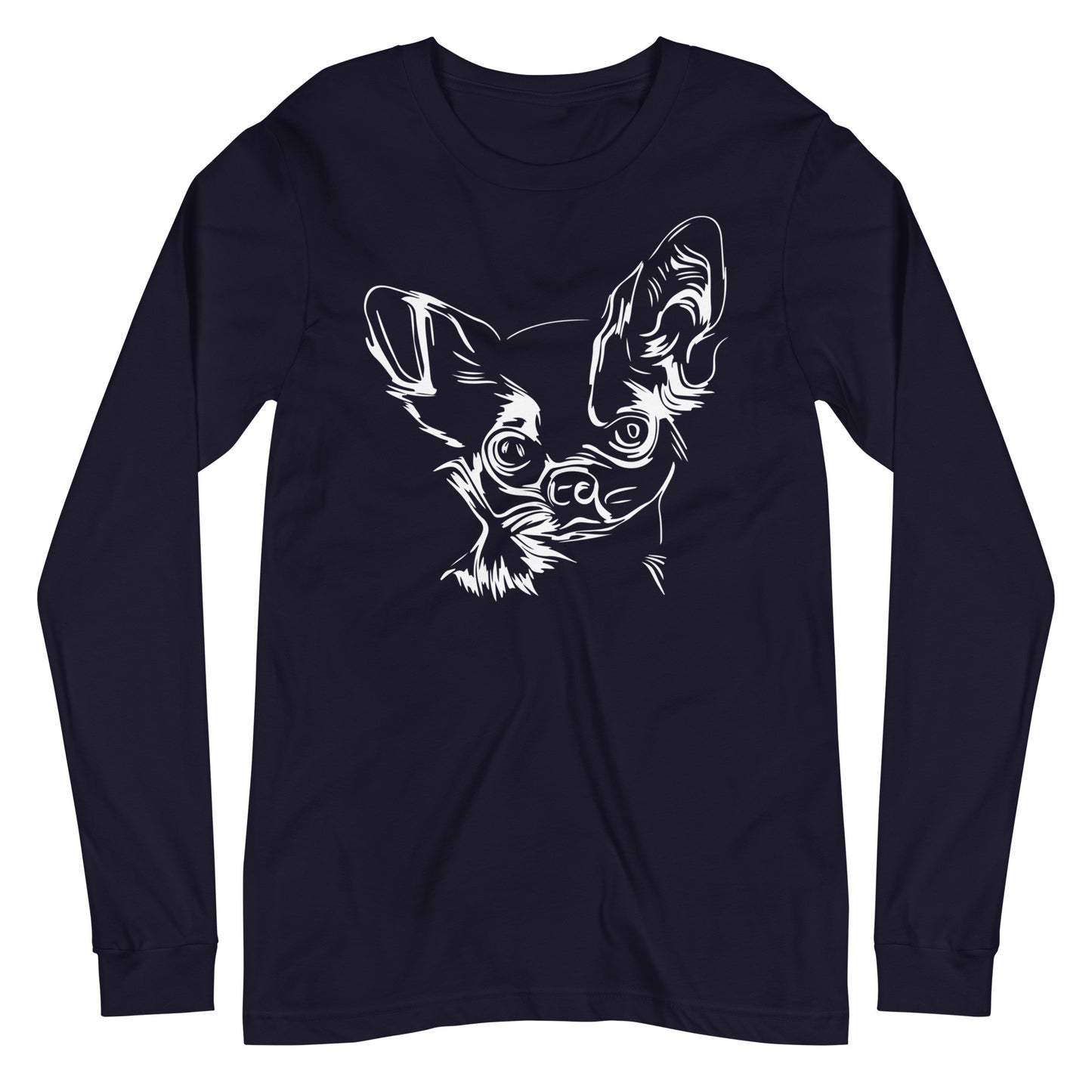 White line Chihuahua face on unisex navy long sleeve t-shirt