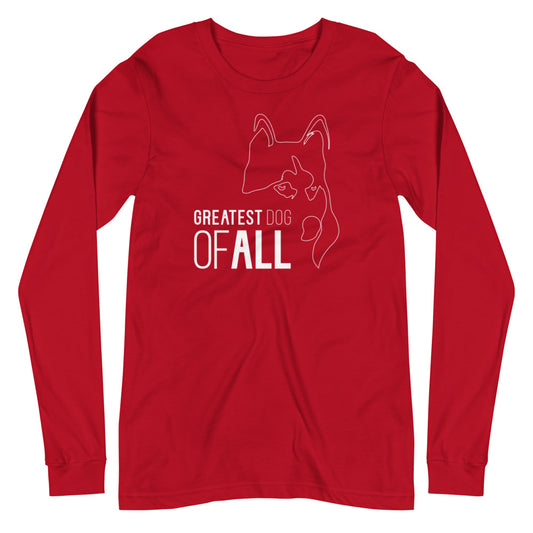 White line Siberian Husky face with Greatest Dog of All caption on unisex red long sleeve t-shirt
