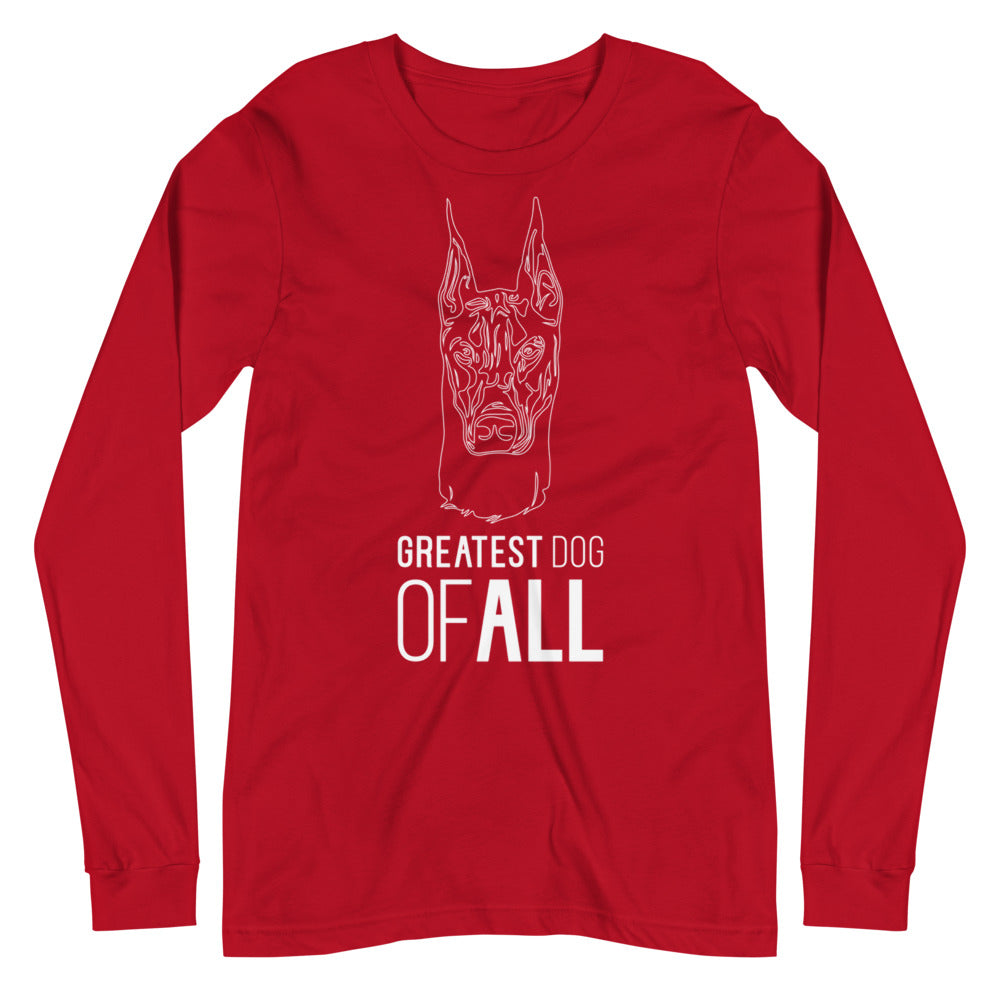 White line Doberman face with Greatest Dog of All caption on unisex red long sleeve t-shirt