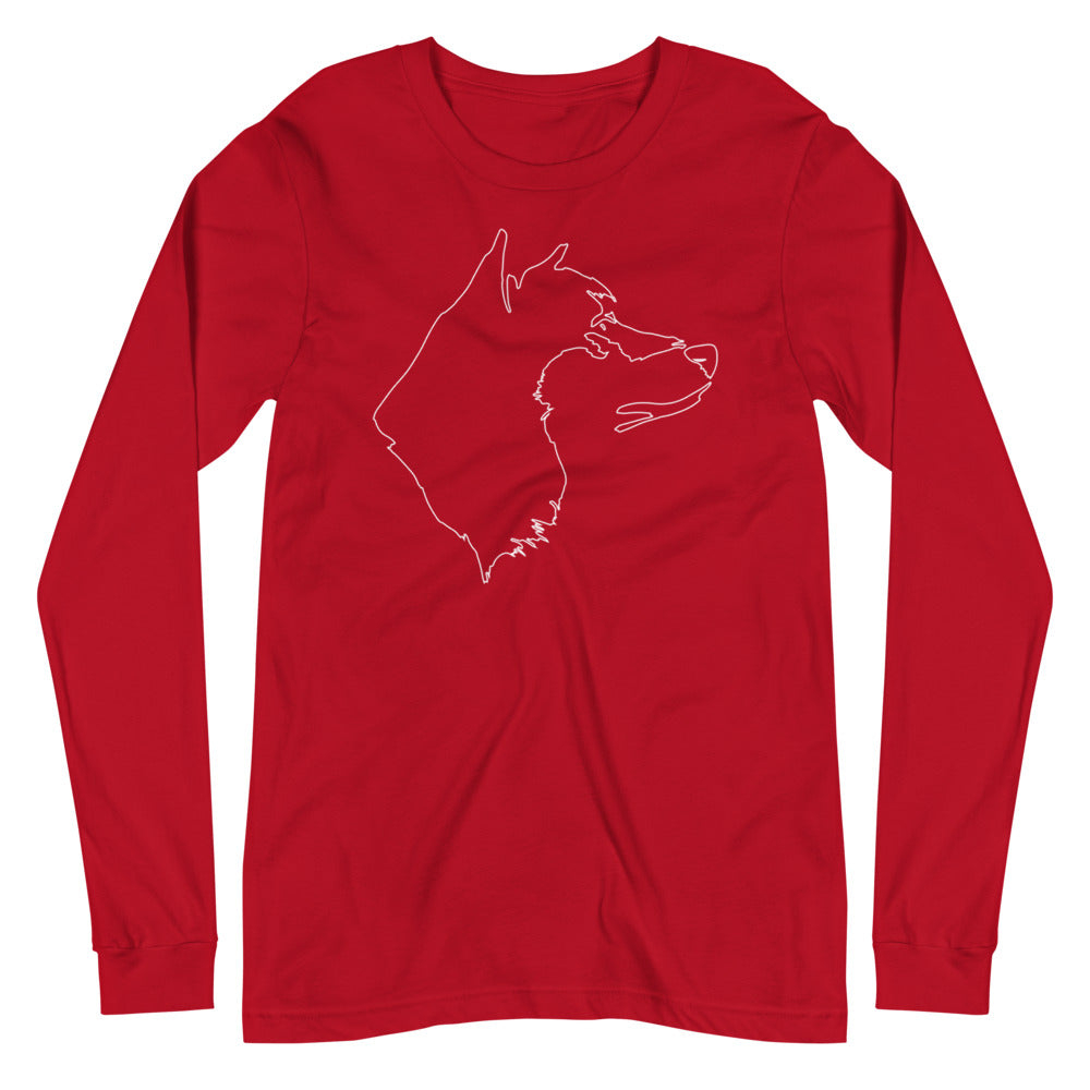 White line Akita face on unisex red long sleeve t-shirt
