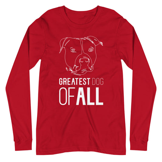 White line American Staffordshire face with Greatest Dog of All caption on unisex red long sleeve t-shirt