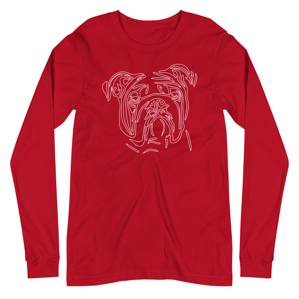 White line Bulldog face on unisex red long sleeve t-shirt