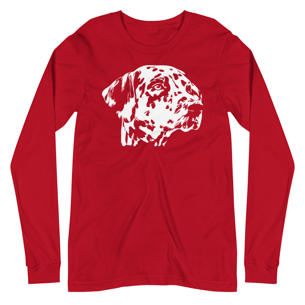 White Dalmatian face silhouette on unisex red long sleeve t-shirt