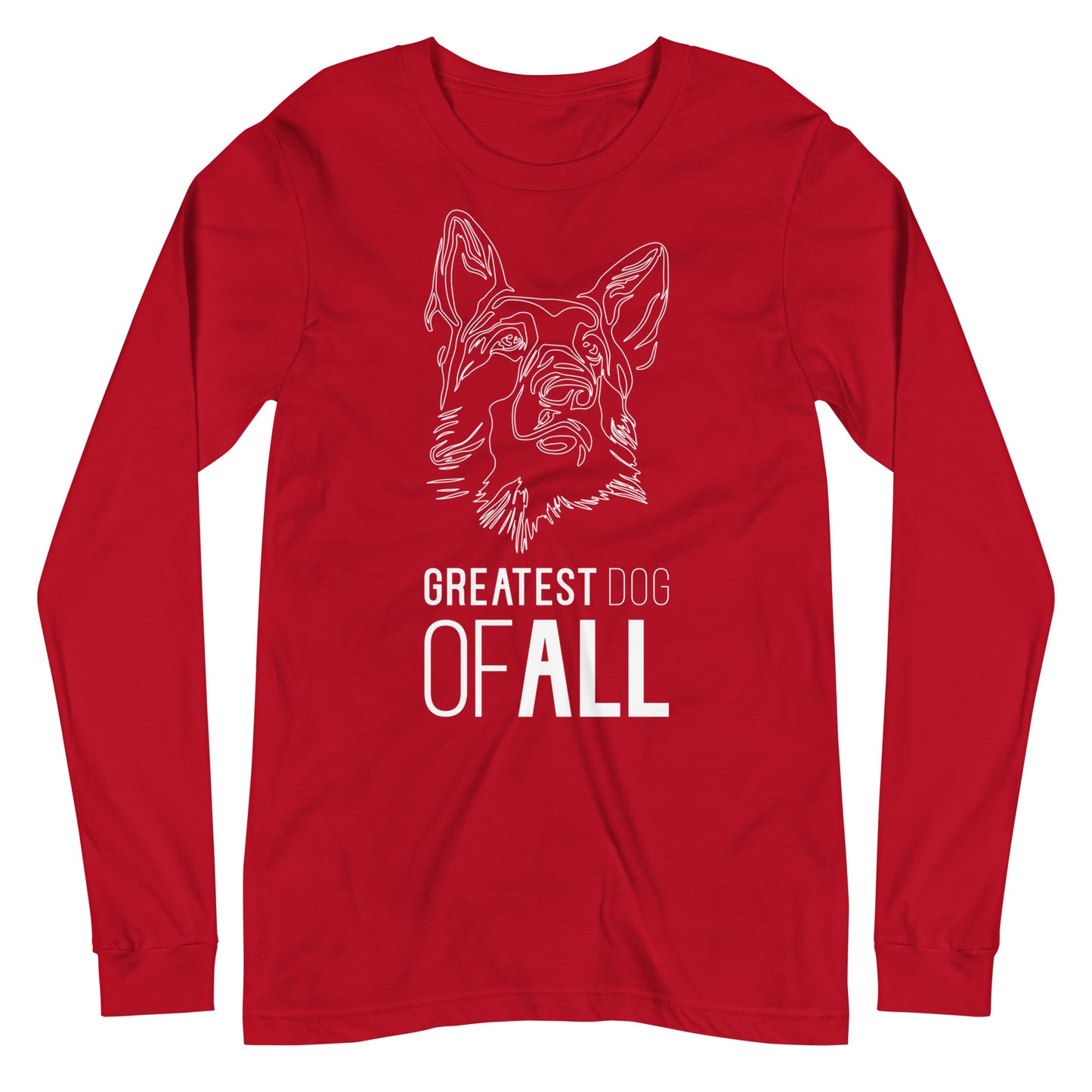 White line German Shepherd face with Greatest Dog of All caption on unisex red long sleeve t-shirt