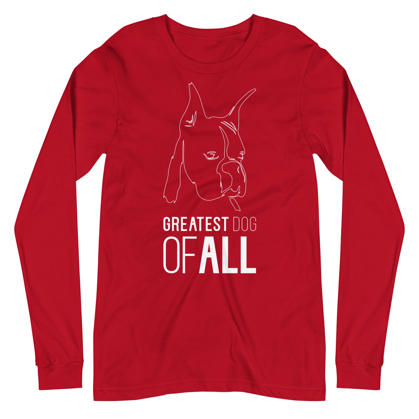 White line Boxer face with Greatest Dog of All caption on unisex red long sleeve t-shirt