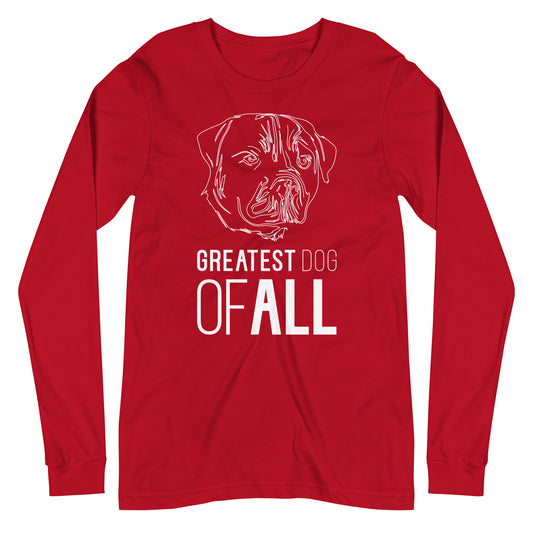 White line Rottweiler face with Greatest Dog of All caption on unisex red long sleeve t-shirt