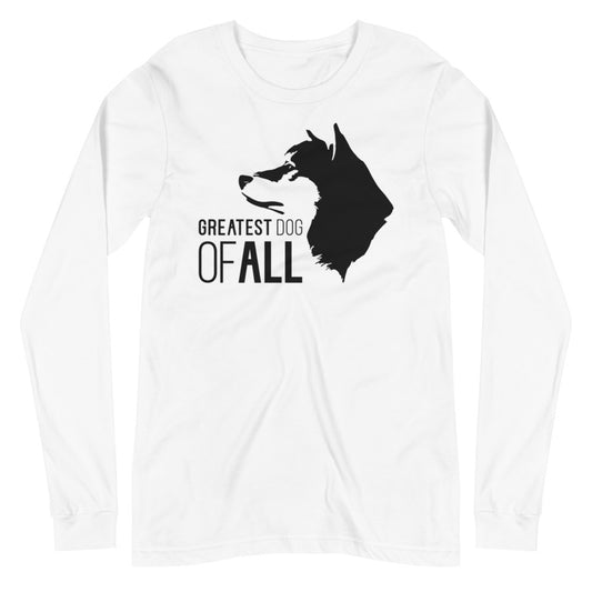 Black Akita face silhouette with Greatest Dog of All caption on unisex white long sleeve t-shirt