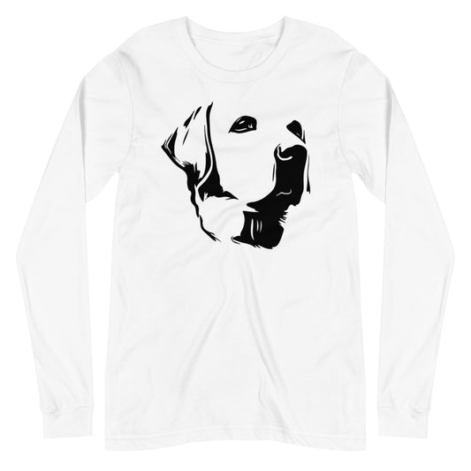 Black Labrador face on unisex white long sleeve t-shirt