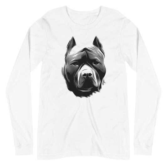 Pit Bull face halftone silhouette on unisex white long sleeve t-shirt