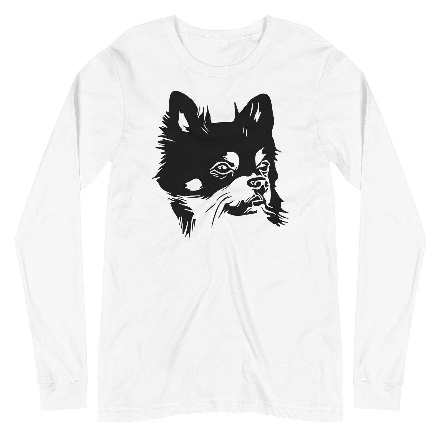 Black Chihuahua face silhouette looks sideways on unisex white long sleeve t-shirt