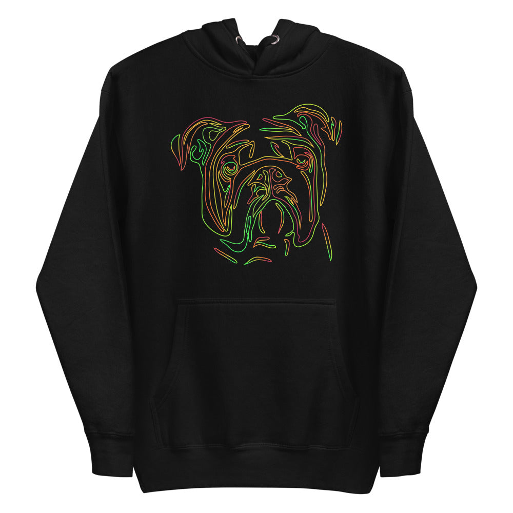 Colored line Bulldog face on unisex black hoodie