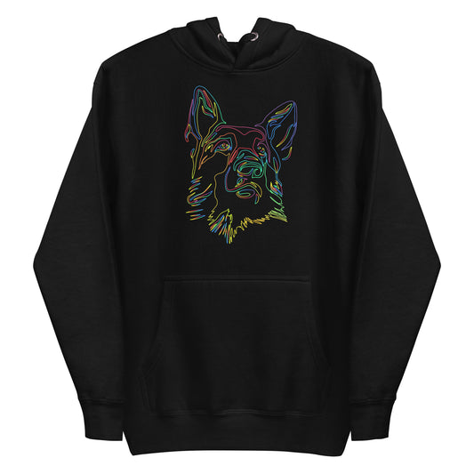 Colored line German Shepherd face on unisex black hoodie
