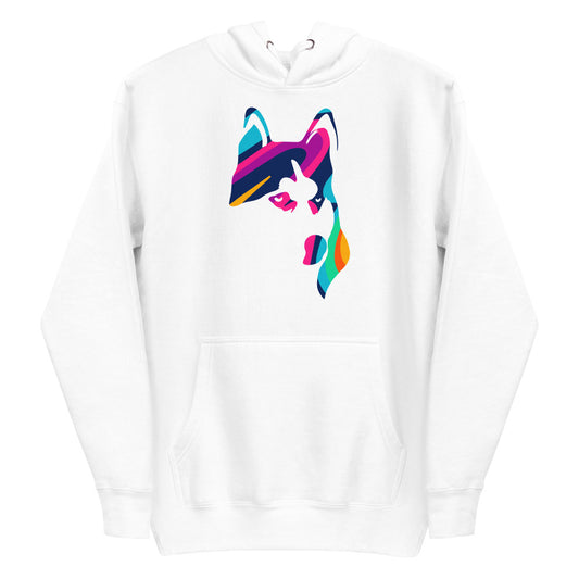 Psychedelic Siberian Husky face on unisex white hoodie