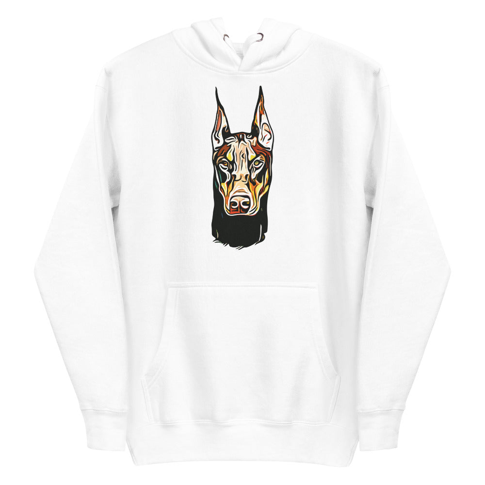 Colored Doberman face silhouette on unisex white hoodie