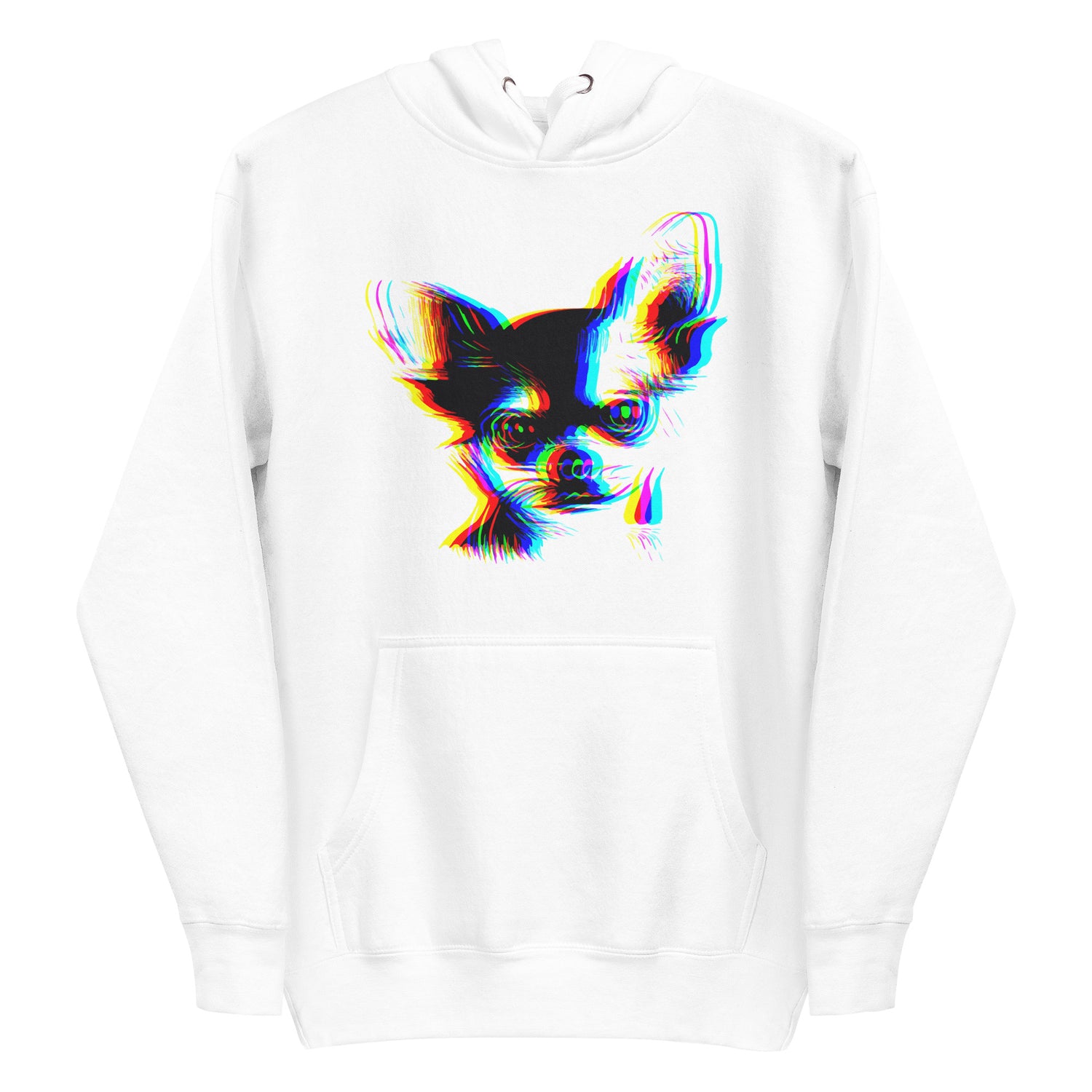 Anaglyph Chihuahua face on unisex white hoodie
