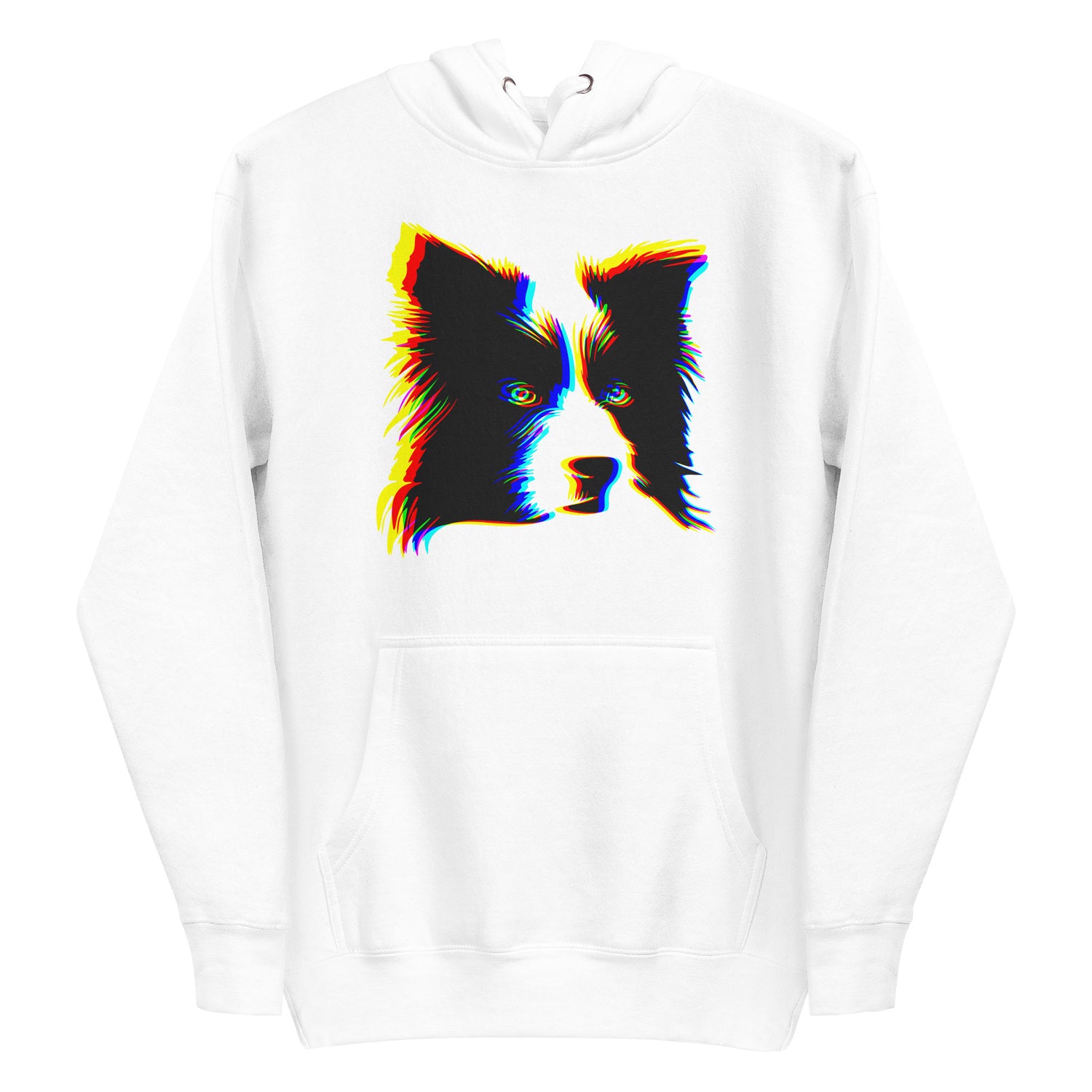Anaglyph Border Collie face on unisex white hoodie
