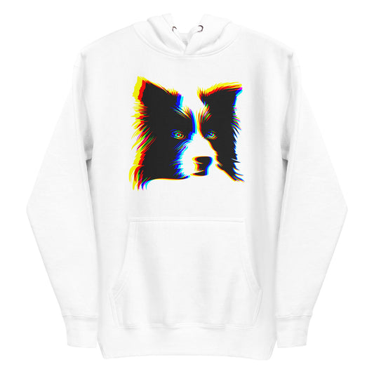 Anaglyph Border Collie face on unisex white hoodie