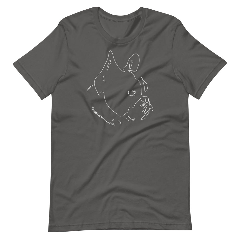 White line French Bulldog face on unisex asphalt t-shirt