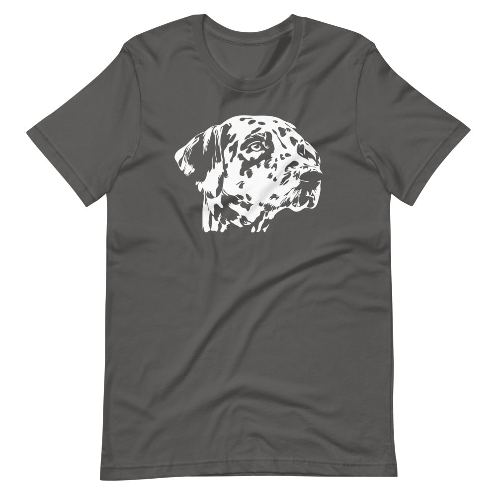 White Dalmatian face silhouette on unisex asphalt t-shirt
