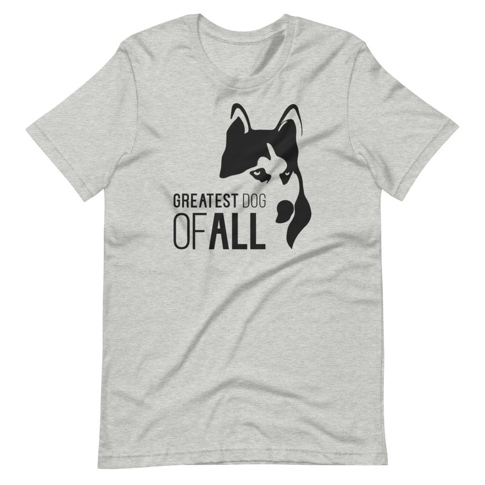 Black Siberian Husky face silhouette with Greatest Dog of All caption on unisex athletic heather t-shirt