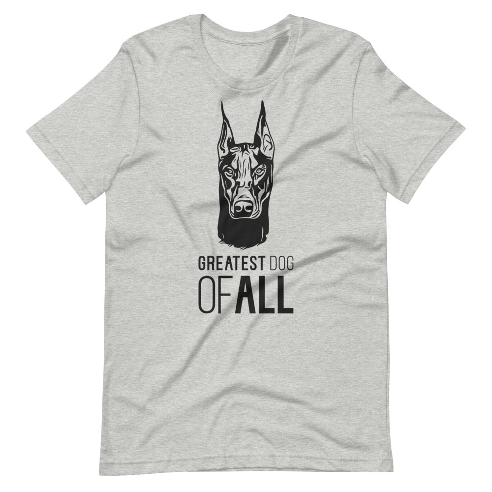 Black Doberman face silhouette with Greatest Dog of All caption on unisex athletic heather t-shirt