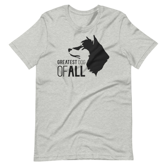 Black Akita face silhouette with Greatest Dog of All caption on unisex athletic heather t-shirt