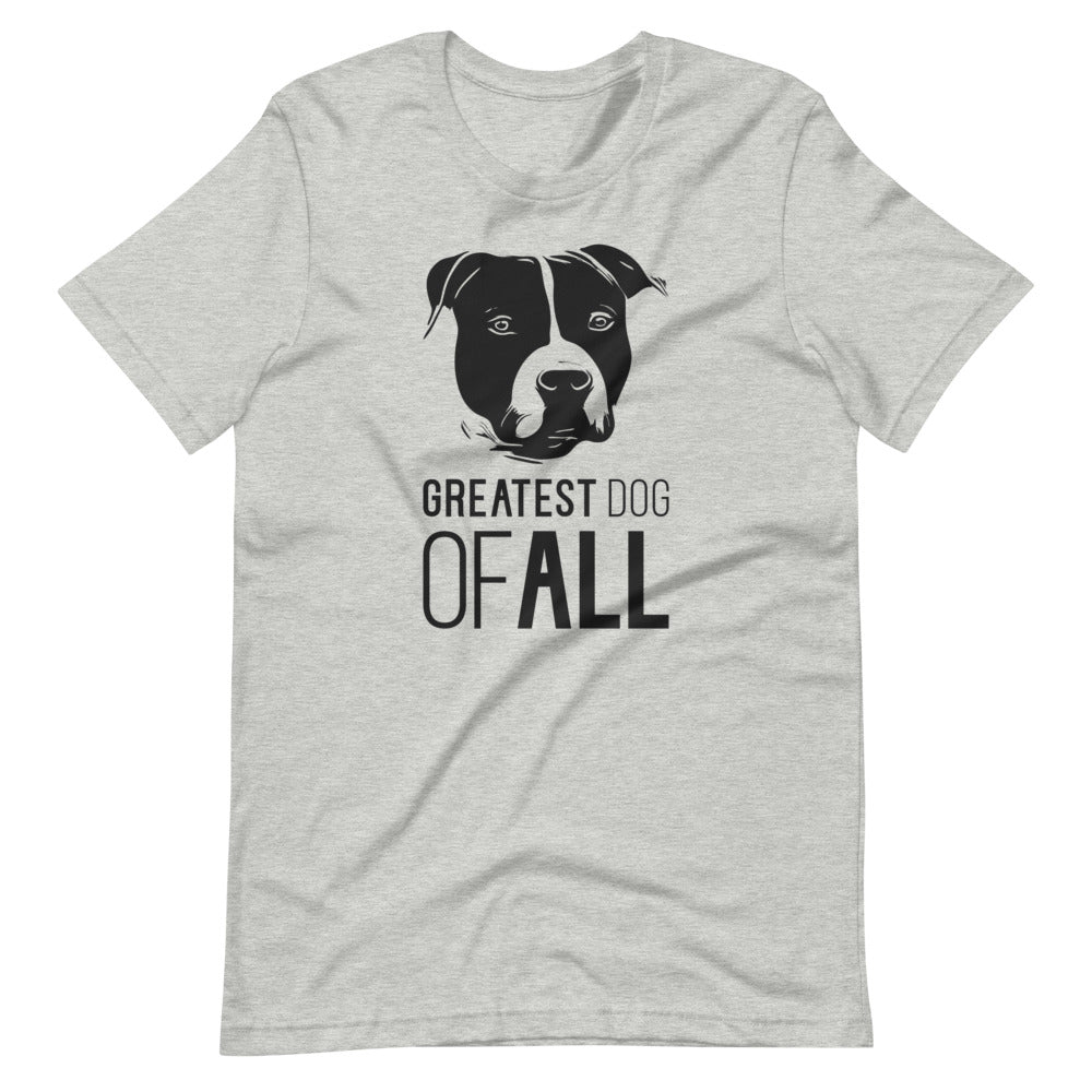 Black American Staffordshire face silhouette with Greatest Dog of All caption on unisex athletic heather t-shirt