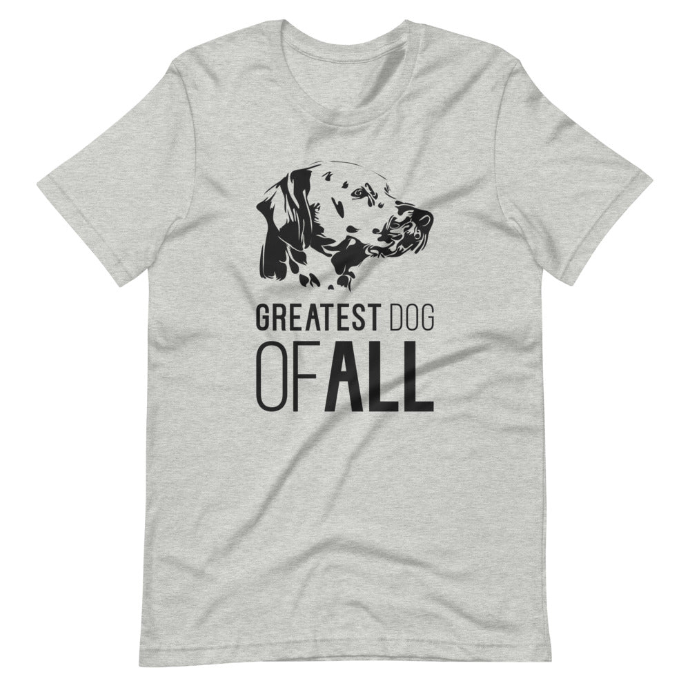 Black Dalmatian face silhouette with Greatest Dog of All caption on unisex athletic heather t-shirt