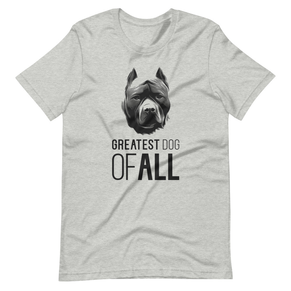 Black Pit Bull face silhouette with Greatest Dog of All caption on unisex athletic heather t-shirt
