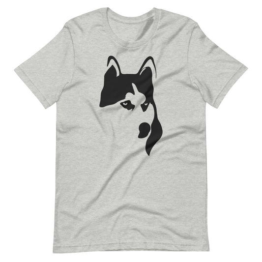 Black Siberian Husky face silhouette on unisex athletic heather t-shirt