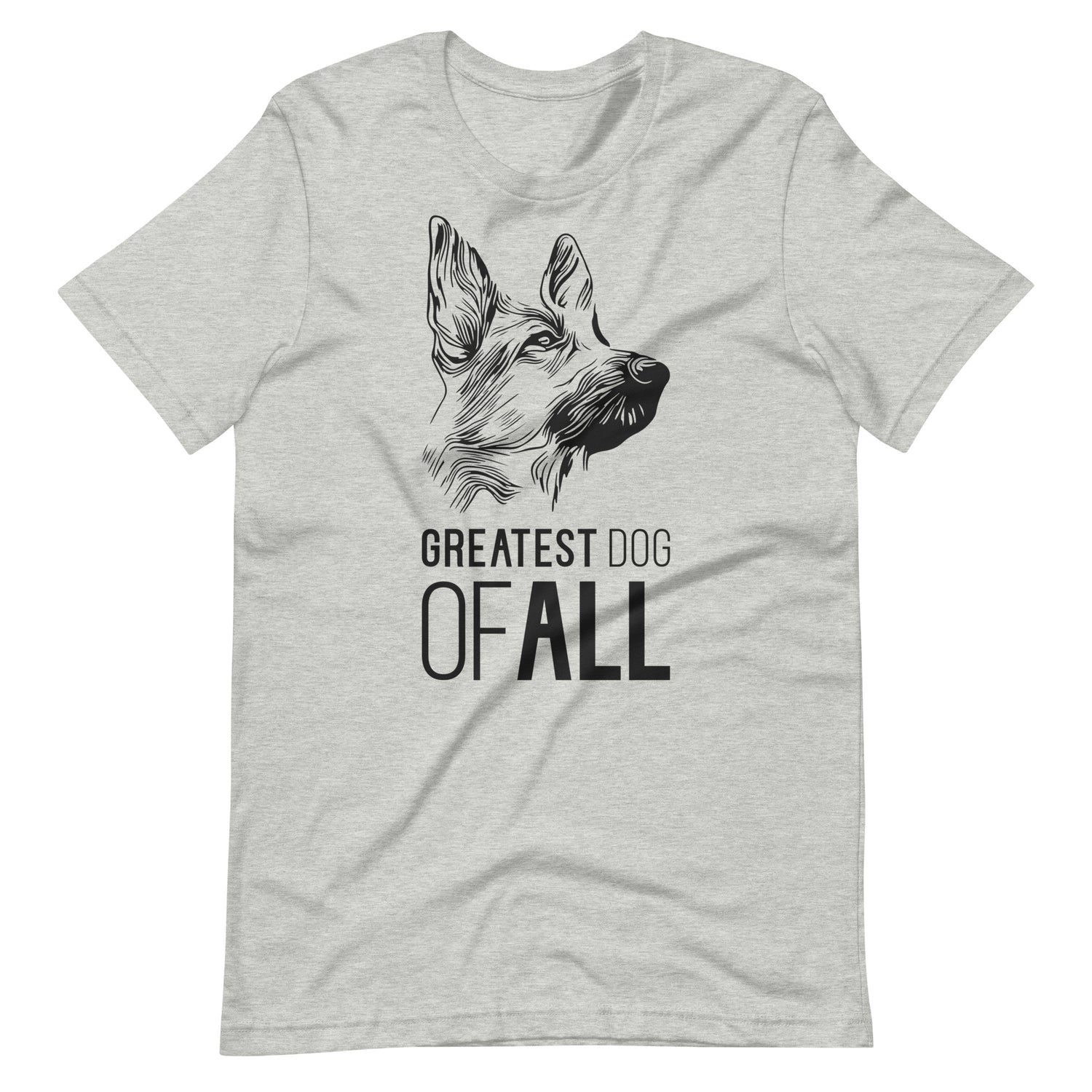Black German Shepherd face silhouette with Greatest Dog of All caption on unisex athletic heather t-shirt