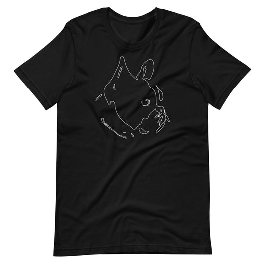 White line French Bulldog face on unisex black t-shirt