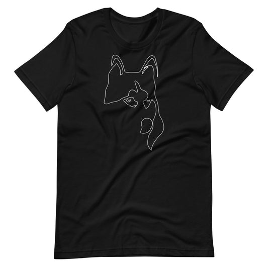 White line Siberian Husky face on unisex black t-shirt