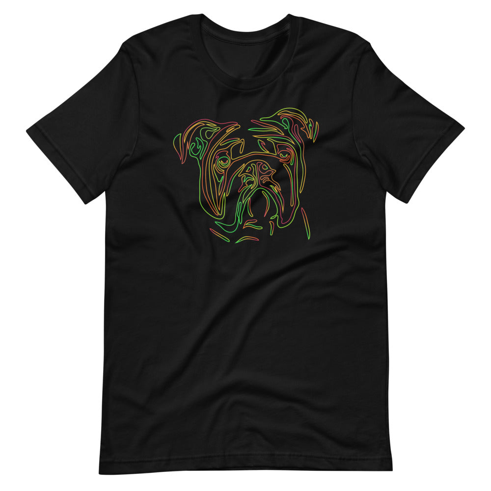 Colored line Bulldog face on unisex black t-shirt