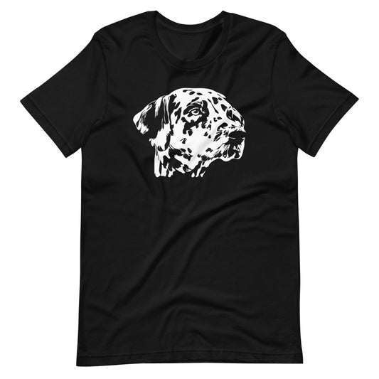 White Dalmatian face silhouette on unisex black t-shirt