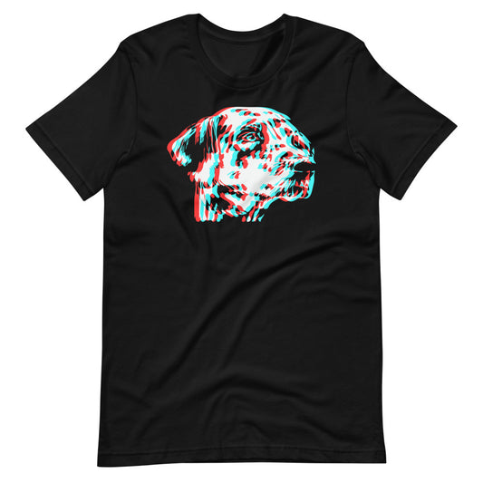 Anaglyph Dalmatian face on unisex black t-shirt