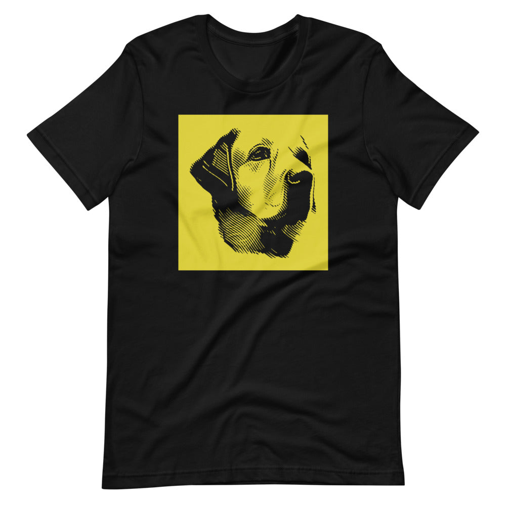 Labrador face halftone with yellow background square on unisex black t-shirt