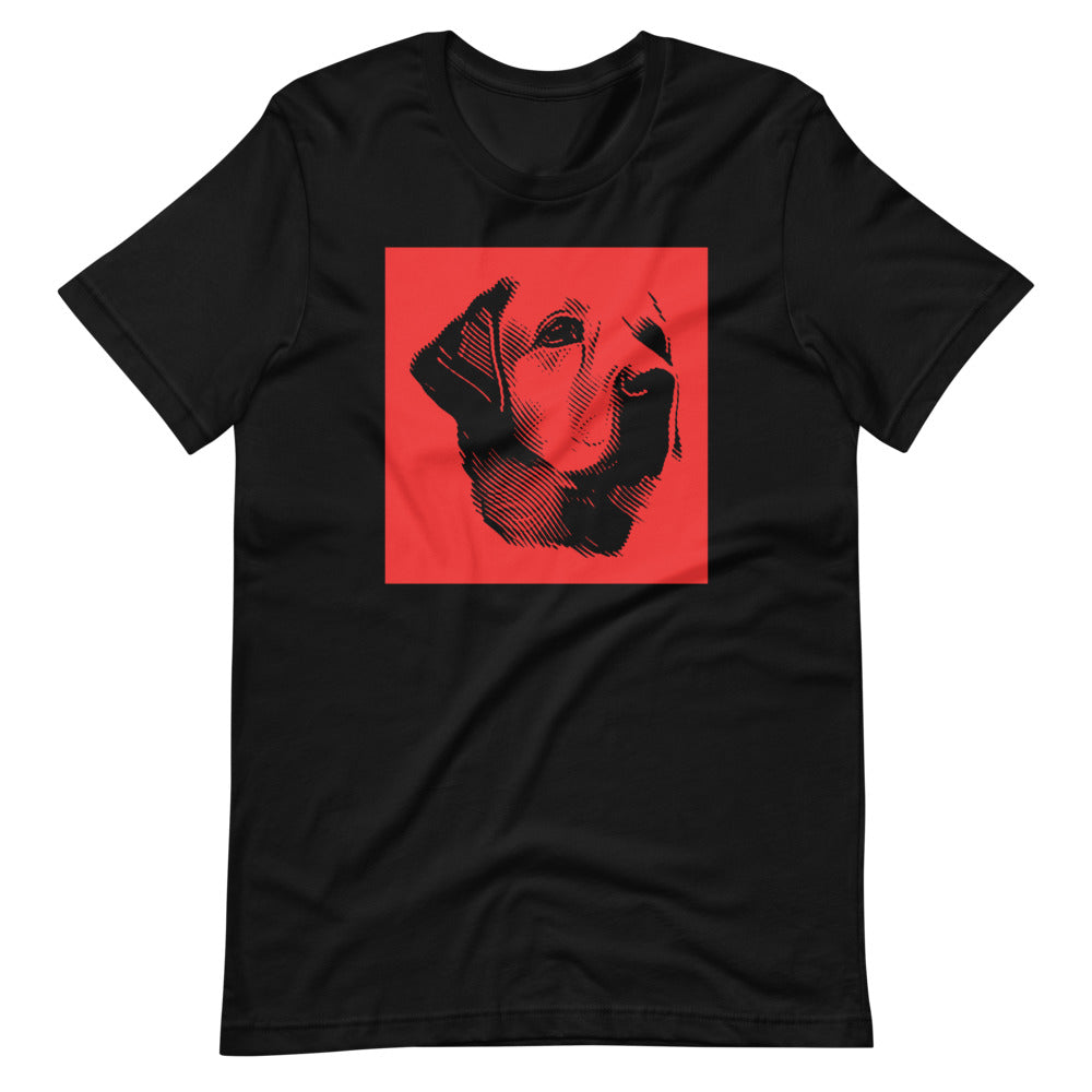 Labrador face halftone with red background square on unisex black t-shirt