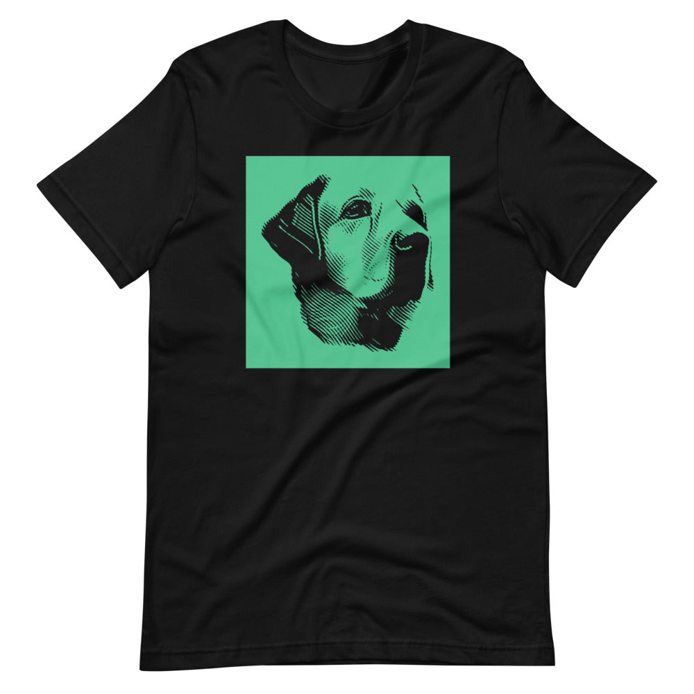 Labrador face halftone with green background square on unisex black t-shirt