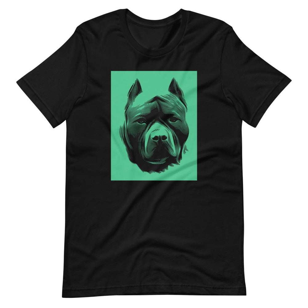 Pit Bull face halftone with green background square on unisex black t-shirt